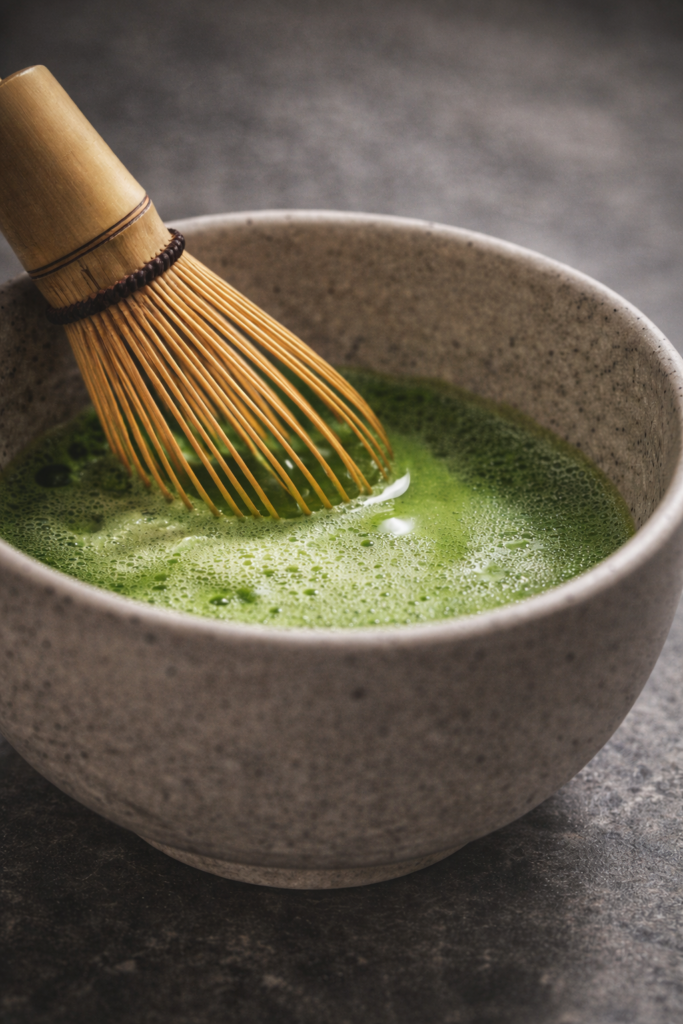Ceremonial matcha being whisked in a ceramic bowl with bamboo chasen