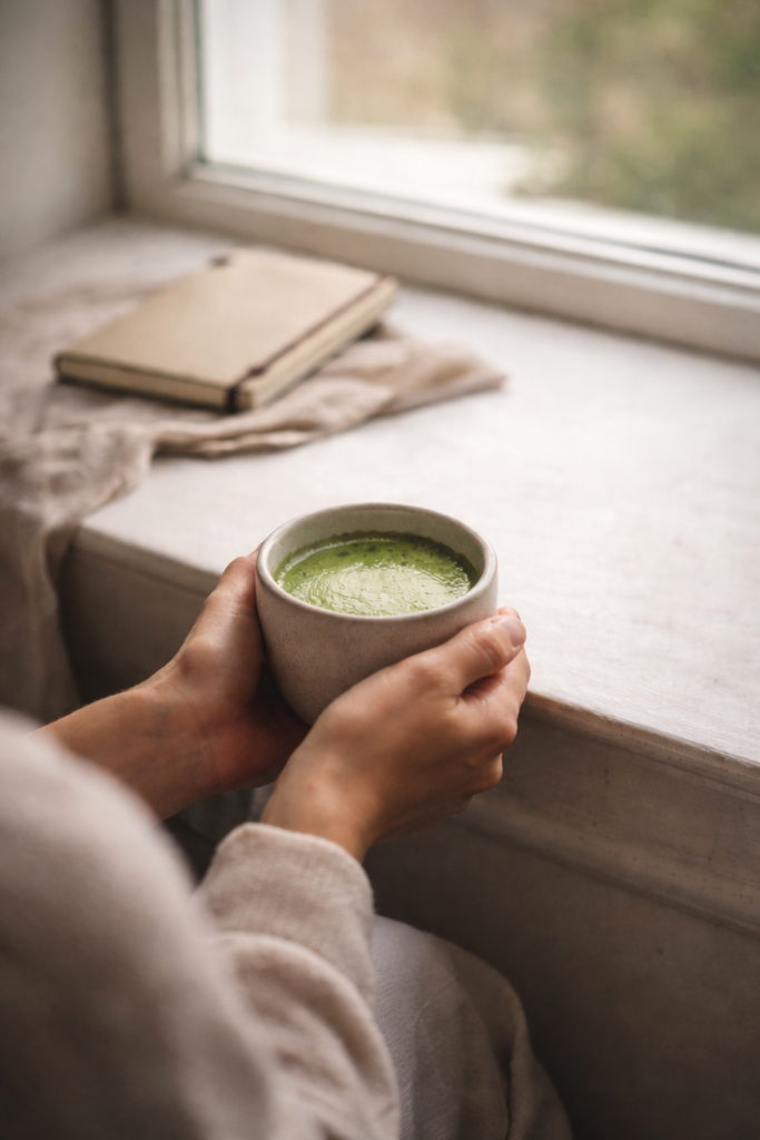 Calm morning ritual with matcha tea in ceramic cup